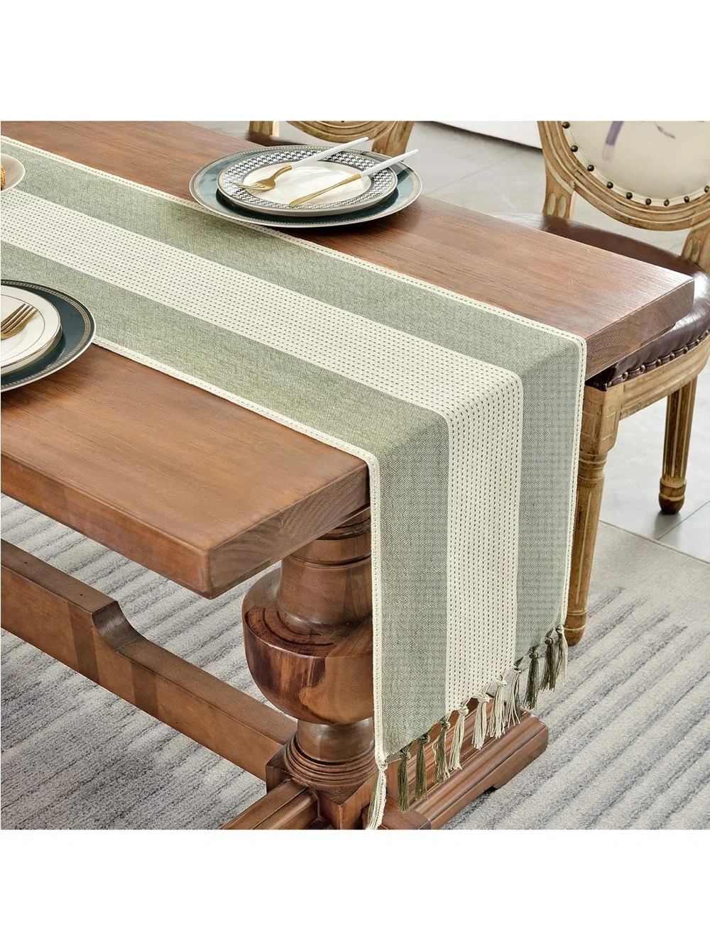 Sage Green & Cream Farmhouse Table Runner 13x72 Cotton Linen Boho